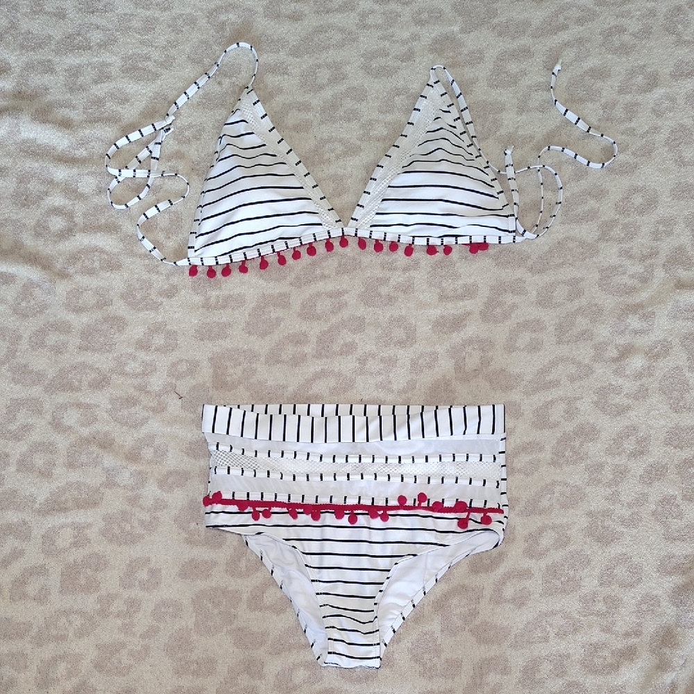 Striped Bikini with Red Poms